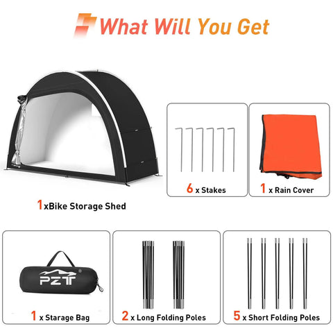 Image showing parts of Upgraded Bike Tent With Rain Cover For Outdoor Storage Portable Bike Shed Fits 2 To 3 Bikes PU4000 set.