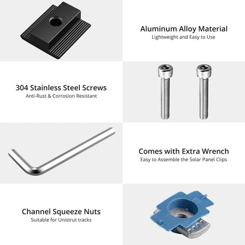 10 Pack Solar Panel Mid Clamps For Unistrut Aluminum Mounting Brackets 30mm And 35mm Fits Metal Tin Flat Sheet Roofs Black Easy Install DIY Friendly For Quick Solar Array Setup with screws, wrench, and channel nuts.
