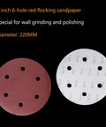 Top Tier 9 Inch Sanding Discs Packed With 50 Heavy Duty Abrasives Designed For Plasterboard That Feature A Smart 6 Hole Vent System To Keep Dust Down And Deliver Super Smooth Woodworking Finishes Every Single Time Without The Hassle, showing red flocking sandpaper.