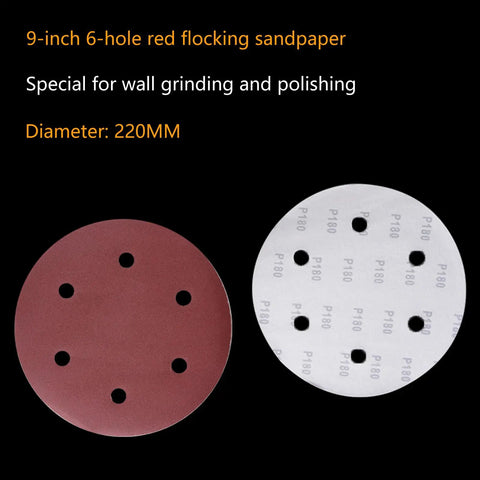 Top Tier 9 Inch Sanding Discs Packed With 50 Heavy Duty Abrasives Designed For Plasterboard That Feature A Smart 6 Hole Vent System To Keep Dust Down And Deliver Super Smooth Woodworking Finishes Every Single Time Without The Hassle, showing red flocking sandpaper.