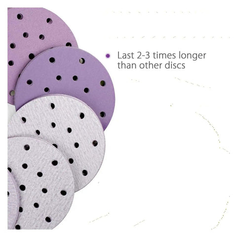 Kick Ass 6 Inch Sanding Discs With 17 Holes For Fast Dust Extraction Hook And Loop Backing That Sticks Tight in varied colors.