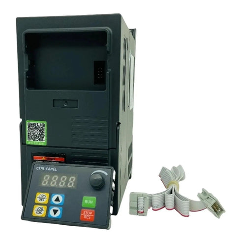 Plug And Play 380V Variable Frequency Drive Inverter For Three Phase Motors With Soft Start And RS485, 1.5KW Power, Easy Speed Control, Built Tough VFD Controller For Industrial Equipment, front view with control panel and cable