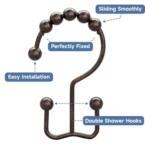 Rust Resistant Double Glide Shower Curtain Hooks Set Of 12 In Bronze Finish Heavy Duty Metal Design detailed view with labels