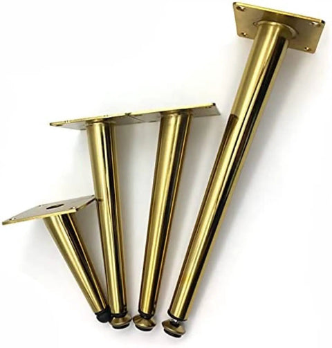 Super Secure Adjustable Metal Furniture Legs, Hella Tough Oblique Tapered Table Feet set in gold, designed for stylish home upgrades.