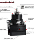 PQY adjustable EFI fuel pressure regulator kit, 3-70 PSI, front view, black with AN8 feed and AN6 return ports.