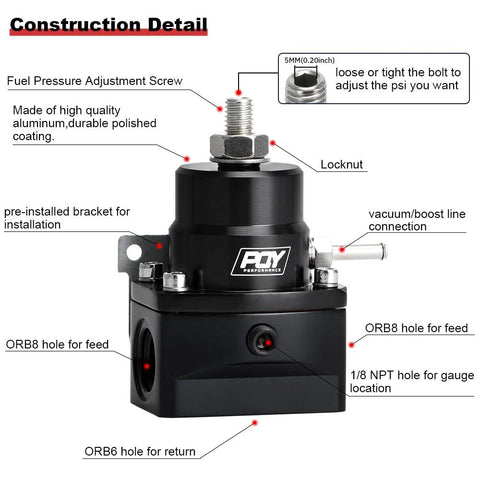 PQY adjustable EFI fuel pressure regulator kit, 3-70 PSI, front view, black with AN8 feed and AN6 return ports.