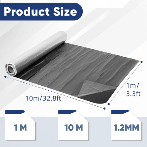 Top Shelf Self Adhesive Roofing Felt Repair Tape Built Badass To Stop Leaks And Seal Surface Cracks Fast For Flat Roofs And Decks displayed with dimensions 10m/32.8ft and 1m/3.3ft.