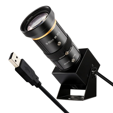 5MP USB Camera With 5 To 50 Millimeter Telephoto Lens 10X Optical Zoom Manual Focus on stand