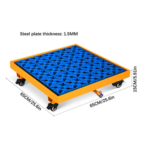 Heavy Duty Spill Containment Pallet On Wheels Yellow Leakproof Drain Tray For Oil Drums And Washing Machines, dimensions shown
