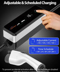 Portable J1772 Electric Vehicle Charger Packs Reliable Level 1 And Level 2 Charging Up To 16 Amps With A 16 Foot Cord Tesla Adapter And Nema Plugs For A No Sweat Home Setup showing adjustable currents for effective charging.