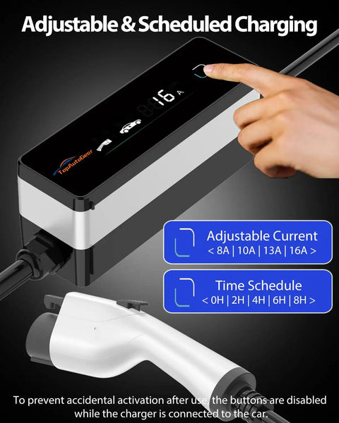 Portable J1772 Electric Vehicle Charger Packs Reliable Level 1 And Level 2 Charging Up To 16 Amps With A 16 Foot Cord Tesla Adapter And Nema Plugs For A No Sweat Home Setup showing adjustable currents for effective charging.