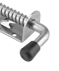 Heavy Duty Stainless Steel Spring Loaded Latch Pin, 5 Inch Barrel Bolt For Cabinets And Trailers close-up with black handle.
