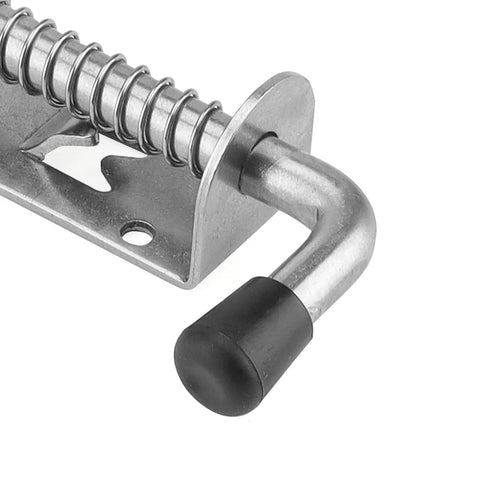 Heavy Duty Stainless Steel Spring Loaded Latch Pin, 5 Inch Barrel Bolt For Cabinets And Trailers close-up with black handle.