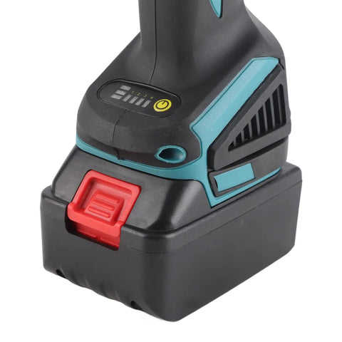 Pro Level Brushless Angle Polisher With Comfort Grip Handle And Quick Charge Battery showing battery and charging indicator.