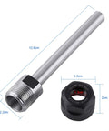 Heavy Duty Collet Straight Shank Holder Extension Bar For CNC Milling And Lathe With Nut, Ground ER16 Chuck Rod showing steel build and measurements.