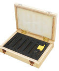 Open wooden box with five sets of one quarter inch carbide lathe tool bits for indexable turning metal lathe tools neatly arranged inside.