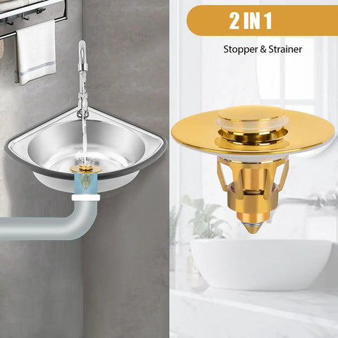 Heavy Duty Bathroom Sink Stopper With Smooth Push Pop Up Drain Plug And Rust Resistant Stainless Steel Strainer That Works Like A Dream To Kick Drain Clogs To The Curb Gold Finish Fits Us Standard Basin Openings