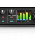 Front view of USB-C 6x4 Audio Interface With Pro-Grade Studio-Quality Sound And ESS Sabre32 DAC, 120 dB Dynamic Range, multiple knobs and meters.