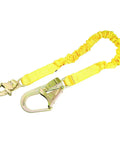 Shock Absorbing Lanyard With Tubular Web, Expands To 6 Ft When Taut And Retracts To Four And One Half Feet, Steel Rebar Hook On Leg End And Snap Hook On The Other End, Yellow Gold High Visibility Safety Gear For On The Job