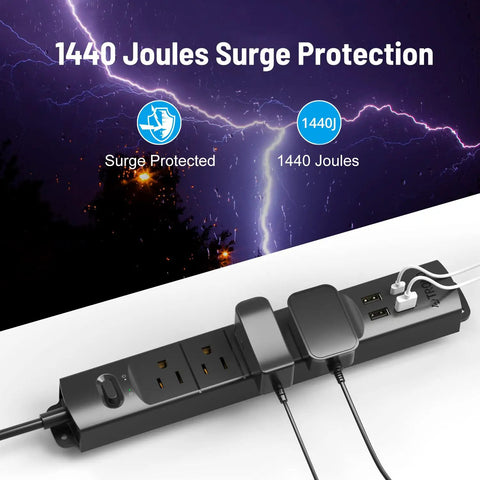 Ultra Thin Surge Protector Power Strip With USB A And Type C, Flat Plug, 15 Ft Extension Cord, Four AC Outlets, 1440J Surge Protection