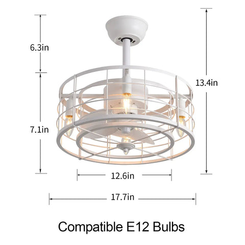 Enclosed Ceiling Fan With Lights Remote Control Kid Friendly Caged Design Lighting Kit With Reversible Motor Three Speeds Four E12 Bulb Bases Includes Two Downrods 20 Inch White Indoor Fan dimensions