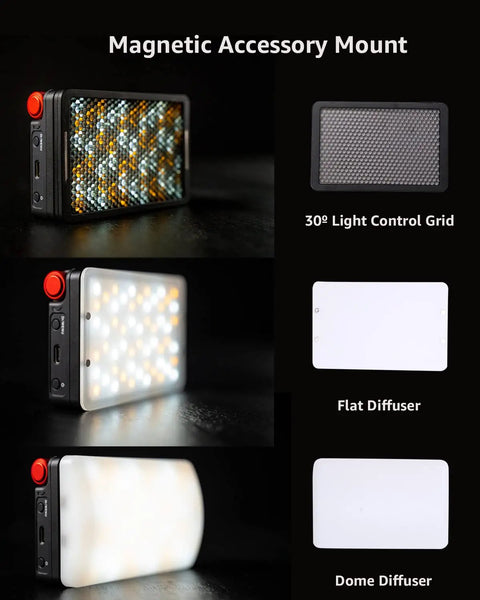 Pro Grade RGBWW LED Video Light Panel For Cameras showing magnetic mount with light control grid, flat, and dome diffusers.