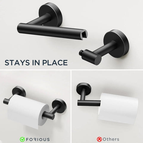 Matte Black Wall Mount Toilet Paper Holder With Pivoting Double Post Tissue Roll Holder And Hand Towel Ring Set In Premium SUS304 Stainless Steel For Bathroom And RV No Fuss Rustproof Durable Hardware showing stays in place comparison