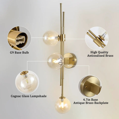Chic Three Light Globe Glass Wall Sconces With Amber Glass Shades Mid Century Modern Indoor Wall Light Fixtures, gold finish