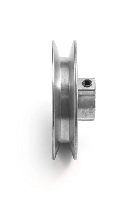 Side view of Heavy Duty 3.5 Inch V Groove Drive Pulley with Five Eighths Inch Bore Zinc Alloy Die Cast for 4L A Belts 34 Degree Groove