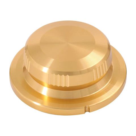 2 Pack Built Tanklike Cnc Aluminum Pointer Knobs With Killer Knurled Grip For Stereo Amplifier And Digital Volume Dial Giving Smooth As Butter Adjustment For Home Audio Racks, gold finish, top view.