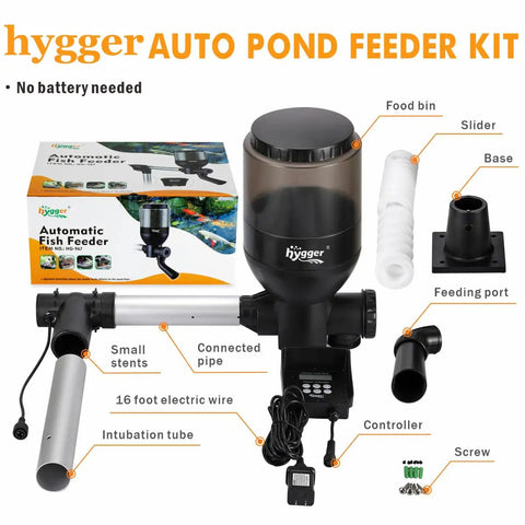 Set It And Forget It Vacation Ready Automatic Pond Feeder with LCD controller and accessories for easy setup, 5.5 liter capacity.