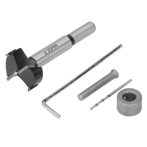 Aramox Hinge Hole Saw Jig For Precise 35mm Cup Drilling With Adjustable Depth Stop And Spacing Options components including 35mm drill bit.