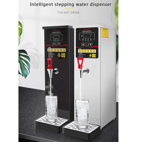 Heavy Duty 3000W Commercial Step By Step Electric Water Dispenser With Led Panel 304 Stainless Steel Inner Tank, black and silver units side by side.