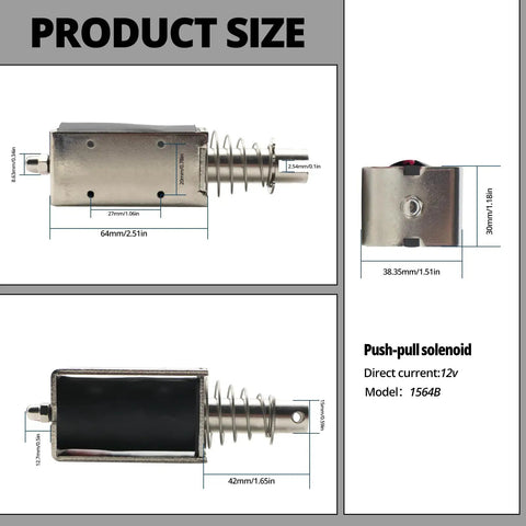 Push Pull Solenoid 12V 2A With 65N Force, 20mm Stroke Electric Lifting Magnet Electromagnet with dimensions and model 1564B