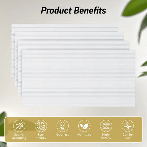Heavy Duty Dual Layer Acoustic Wall Panels For Crisp Audio And Echo Blocking Self Adhesive Thick Fabric Wrapped Sound Dampening Tiles 4 Pack displayed with product benefits.