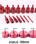 Front view of red diamond drill bit and core hole saw set, 6–100 mm sizes for tile, glass, ceramic