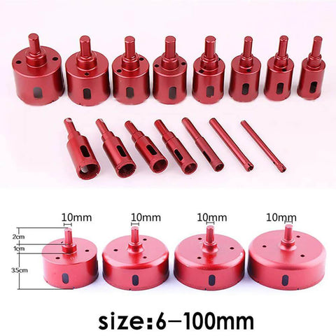 Front view of red diamond drill bit and core hole saw set, 6–100 mm sizes for tile, glass, ceramic