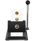 Heavy Duty Button Cutter for 25mm Badges and 35mm Rounds in use, showing metal graphic die cutter with cardstock and animal faces for crafts