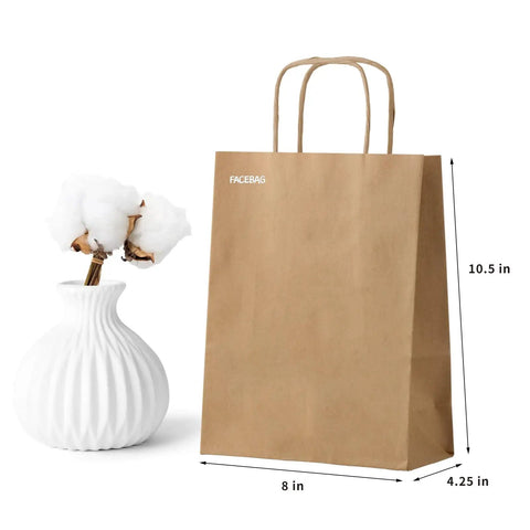 50 Pack Go-To Brown Kraft Paper Bags With Handles 8x4.25x10.5 Inches Heavy-Duty Gift Bags for party favors next to white vase.