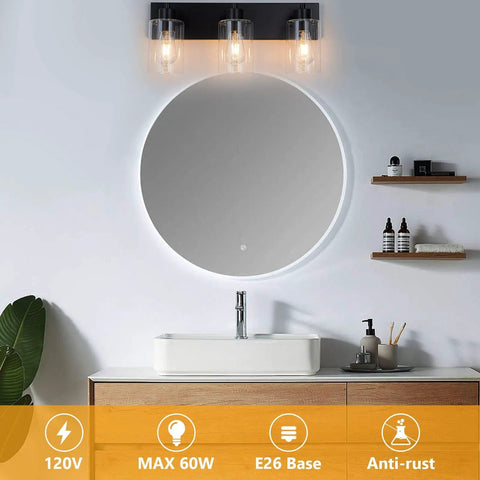 Three Light Matte Black Bathroom Vanity Light Fixture For Farmhouse Style Over Mirror With Clear Glass Shade E26 Base Sleek Durable Metal