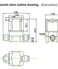 Technical diagram showing dimensions of AC 110V Inlet Water Solenoid Valve One Quarter Inch Quick Connect Normally Closed High Pressure Electric Valve For RO Systems Water Dispenser Purifier Plug And Play Easy Install Replacement Part