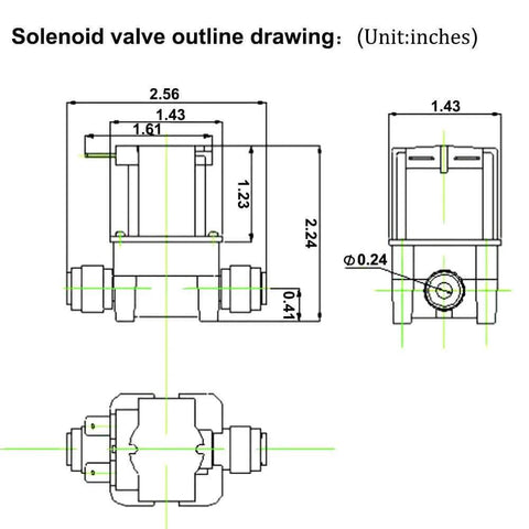 Technical diagram showing dimensions of AC 110V Inlet Water Solenoid Valve One Quarter Inch Quick Connect Normally Closed High Pressure Electric Valve For RO Systems Water Dispenser Purifier Plug And Play Easy Install Replacement Part