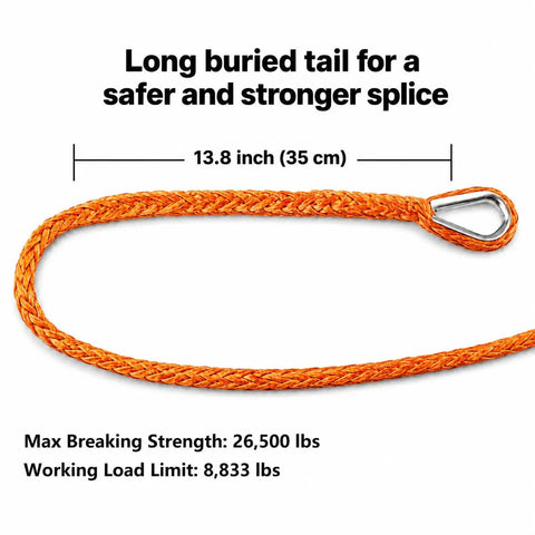 Three Eighths Inch Ninety Two Foot Synthetic Winch Extension Rope Orange For Off Road Recovery, UHMWPE braided rope with thimble