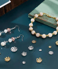 Two Tone Flower Bead End Caps Set With 1260 Pcs Iron Filigree Bead Caps Gold Spacer Beads shown with earrings and bracelet.