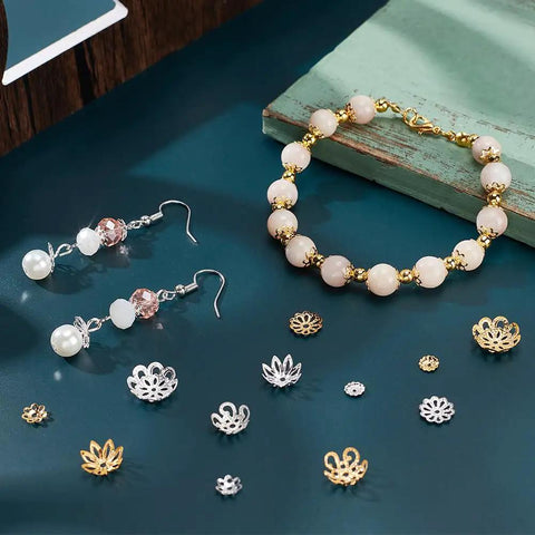 Two Tone Flower Bead End Caps Set With 1260 Pcs Iron Filigree Bead Caps Gold Spacer Beads shown with earrings and bracelet.