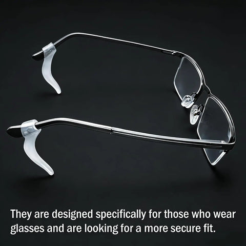 Silver glasses with Soft Silicone Eyeglass Ear Hooks 10 Pairs Clear Anti Slip Grips For Glasses Sunnies Reading Glasses installed.