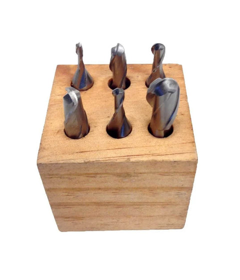 HSS 2-flute ball-nose end mills in wooden storage stand, 6-piece set