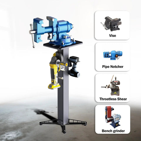 Dead Nuts Floor Mount Vise And Grinder Stand 34 Inches Tall with blue vise and grinder attachments on a stable steel base.