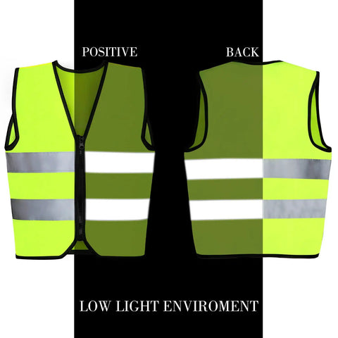 Kids Reflective Safety Vest 20 Pack High Visibility Neon Vests With Zipper For Ages 3 To 10 Cycling Running Green Front and Back View