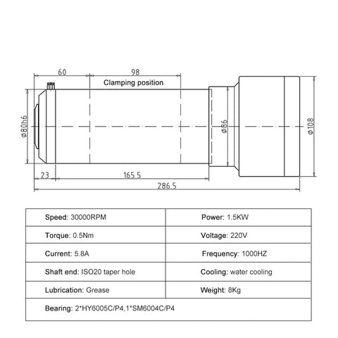 Rock Solid 1.5KW CNC Water Cooled Spindle Motor 220V ISO20 Socket technical diagram with dimensions and specifications.